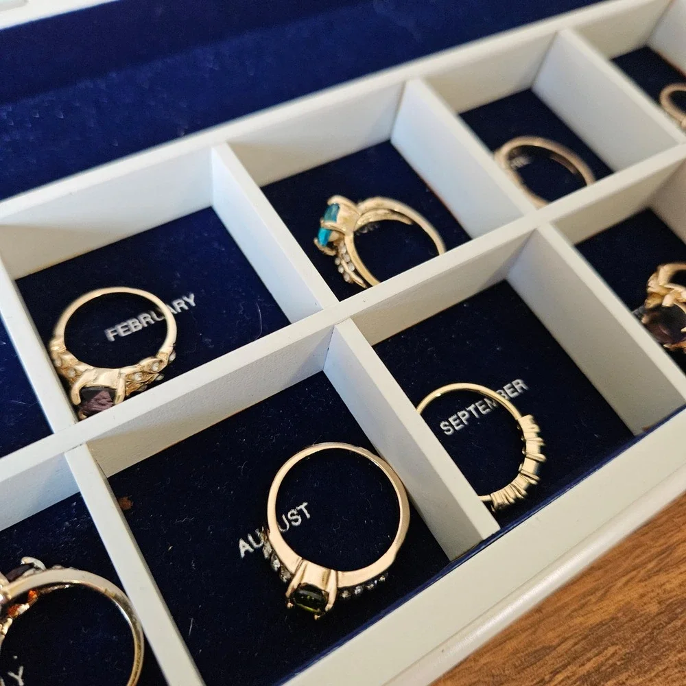 12 Piece Birthstone Ring Set 6, 7, 8, with White Wooden Glass Display Case Box